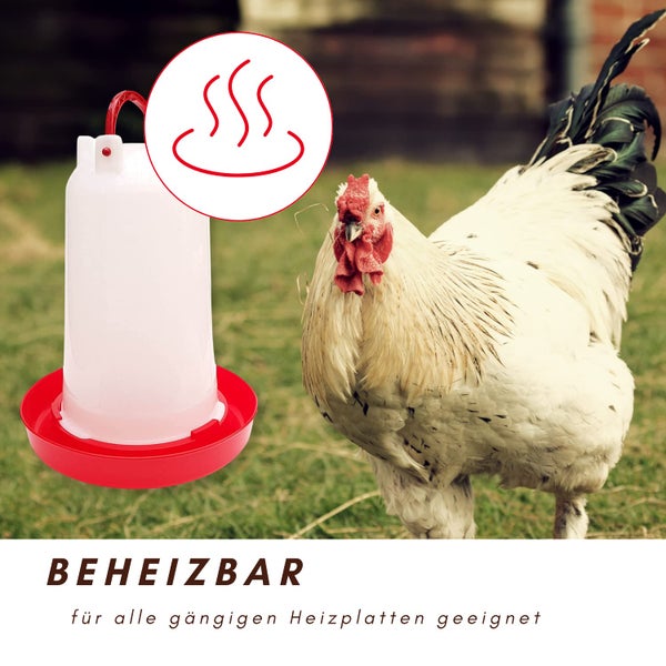 Beheizbare Geflügeltränke aus Kunststoff für Hühner, geeignet für alle gängigen Heizplatten.