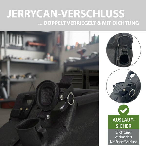 Jerrycan-Verschluss aus schwarzem Metall mit doppelter Verriegelung und Dichtung für Auslaufsicherheit in einer Werkstattumgebung.