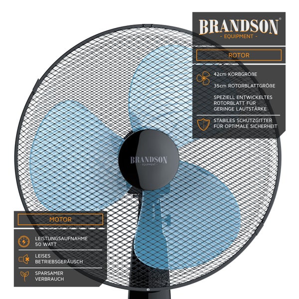 Brandson Standventilator 42 cm, Standlüfter, Ventilator höhenverstellbarer Standfuß, Neigungswinkel verstellbar, 50W, 3 Geschwindigkeitsstufen