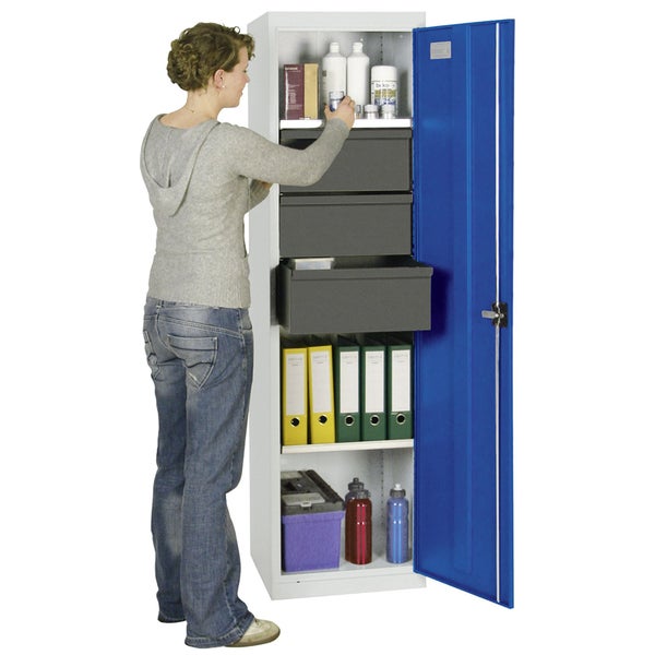 Wertstoffsammler von Stumpf aus Metall mit blauer Einwurfklappe, geöffneter Fronttür und verzinktem Innenbehälter mit Tragegriff.