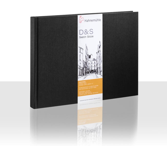 Hahnemühle D&S Skizzenbuch im Querformat A3 mit schwarzem Hardcover, 160 Seiten, 140 Gramm pro Quadratmeter, für Bleistift und Kohle geeignet.