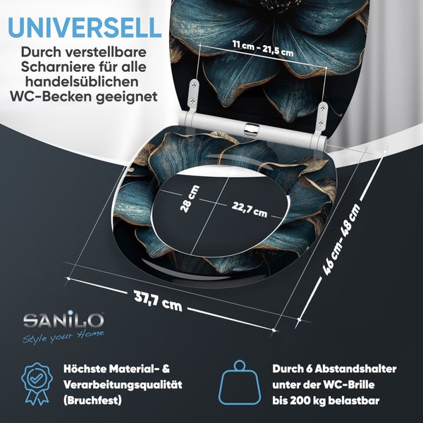 Sanilo WC Sitz mit Blumenmuster und Größenangaben