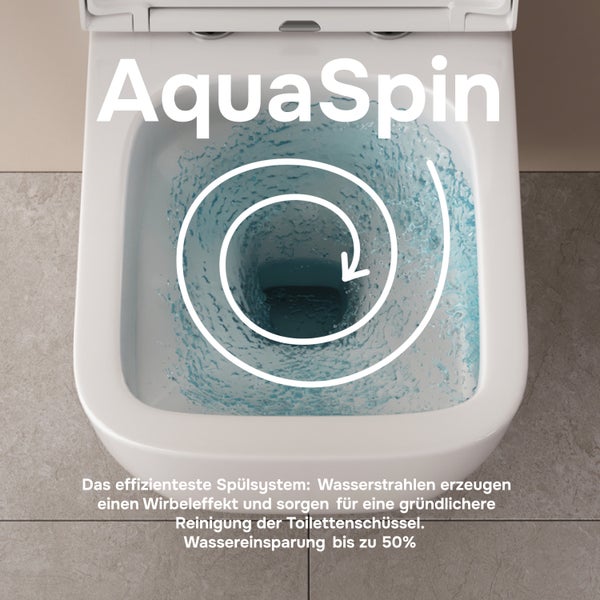 AquaSpin Spülsystem für Toilette zeigt einen Wirbeleffekt für eine effiziente und wassersparende Reinigung der Toilettenschüssel.