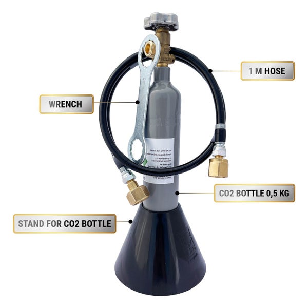 Komplett set - CO2 Flasche, Schlauch Set, Kohlensäureschlüssel für Sodastream, Wassersprudler, 1-leitig, CO2 - 2 kg