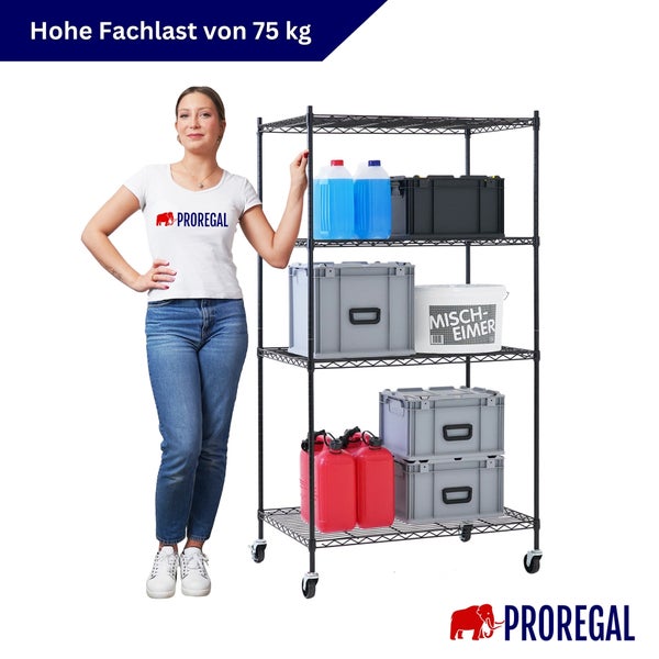 Drahtgitterregal auf Rollen mit vier Etagen, Traglast von 75 Kilogramm pro Boden, beladen mit Boxen und Kanistern. Proregal Logo.