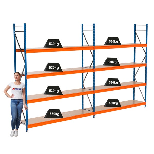 Lagerregal mit sechs Böden und einer Traglast von 530 Kilogramm pro Boden.