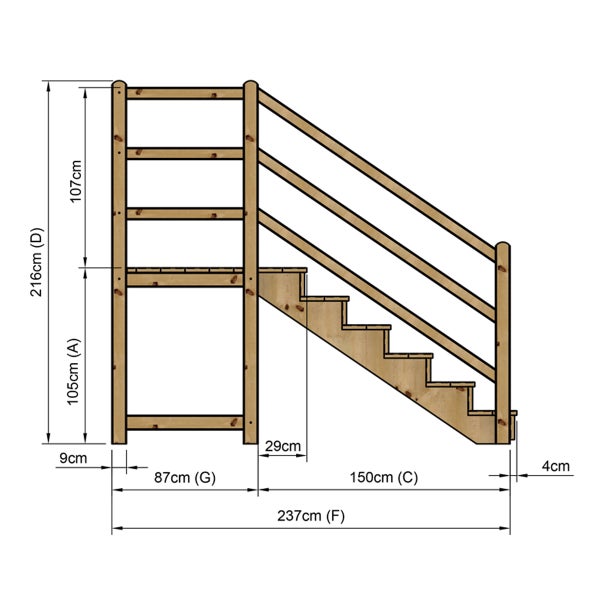 Technische Zeichnung einer Holztreppe mit Maßen