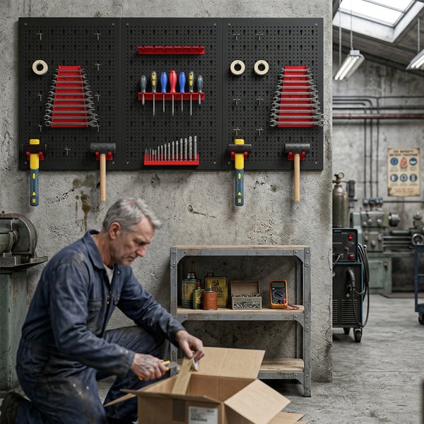 Organisierte Werkstatt mit schwarzer Lochwand für Werkzeuge, Metallregal und einem Handwerker, der ein Paket öffnet.