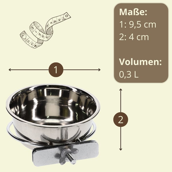 Edelstahlnapf mit Halterung, Maße: Durchmesser 9,5 cm, Höhe 4 cm, Volumen 0,3 Liter