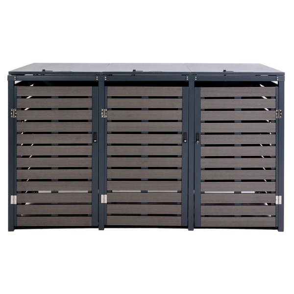 Mülltonnenbox für drei Mülltonnen mit horizontaler Lamellenstruktur