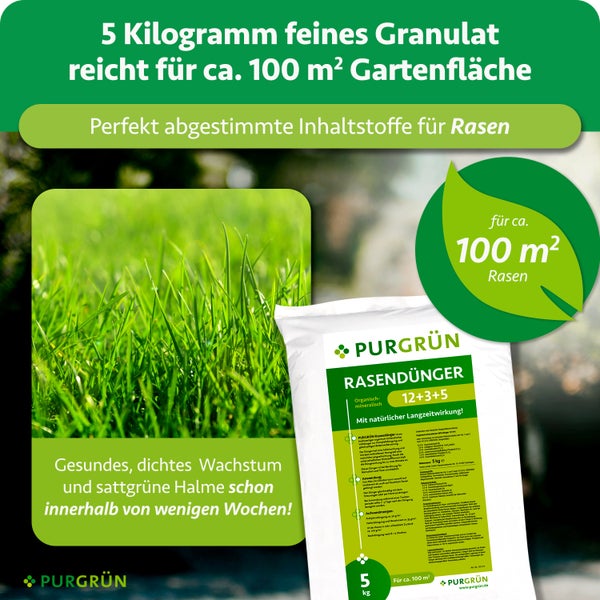 Purgrün Rasendünger, organisch-mineralisches Granulat, 5 Kilogramm Packung für circa 100 Quadratmeter Rasenfläche.