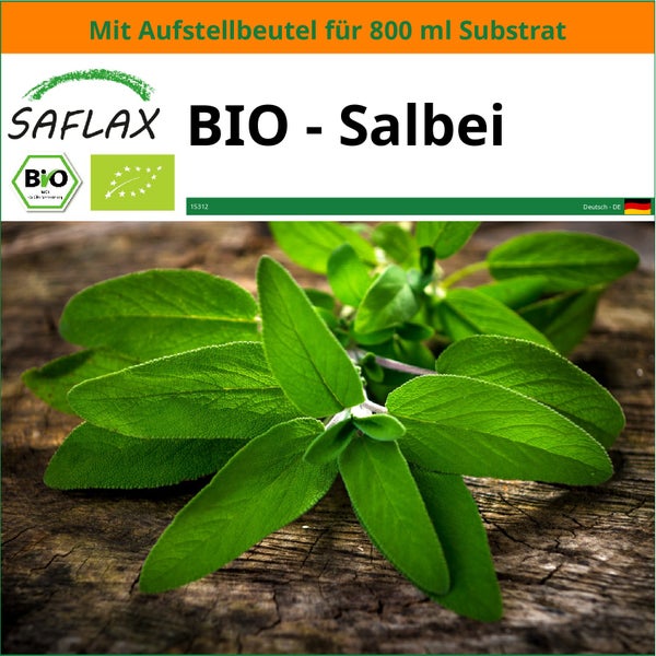 SAFLAX Garden in the bag - BIO - Salbei - Salvia officinalis - 60 Samen - Mit Anzuchtsubstrat im praktischen, selbst aufstellenden Beutel