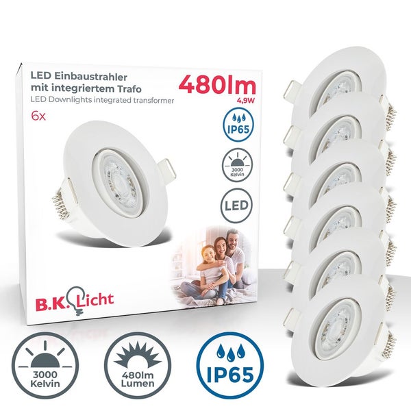 Einbaustrahler 68mm 6er Set - 230V, 4,9W, 480lm, LED, IP65, warmweiß, weiß