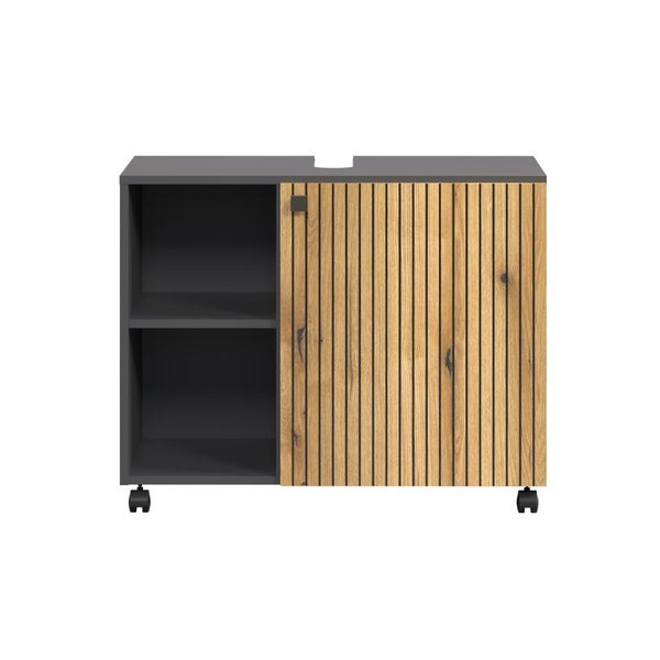 Waschbeckenunterschrank mit einem offenen Fach und einer Lamellentür aus Holzoptik auf Rollen