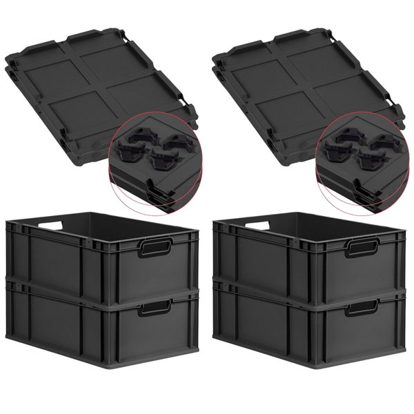 PROREGAL SuperSparSet 4x Eurobox NextGen Color mit Auflagedeckel und Schiebeschnappverschlüsse, HxBxT 22x40x60cm, 44 Liter, Schwarz, Griffe schwarz offen, Verstärkter Boden, Eurobehälter, Transportbox, Transportbehälter, Stapelbehälter
