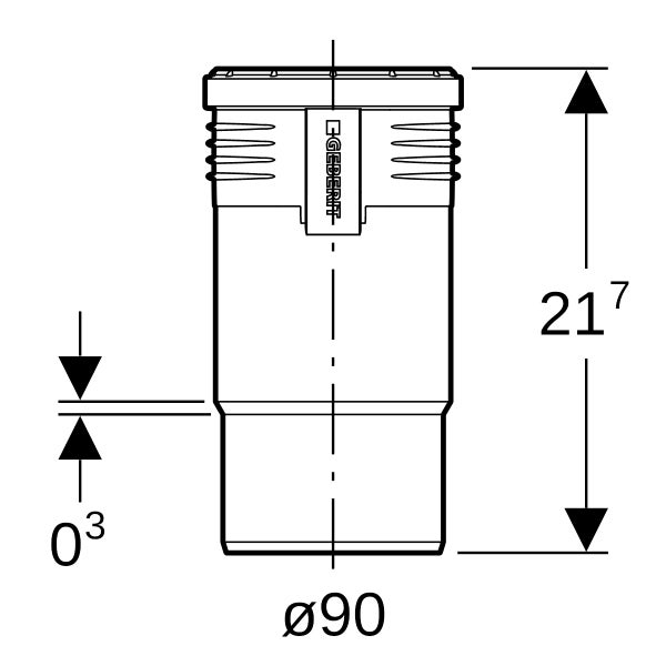 Technische Zeichnung eines Geberit Anschlussrohrs mit einem Durchmesser von 90 Millimetern und einer Höhe von 21,7 Zentimetern.