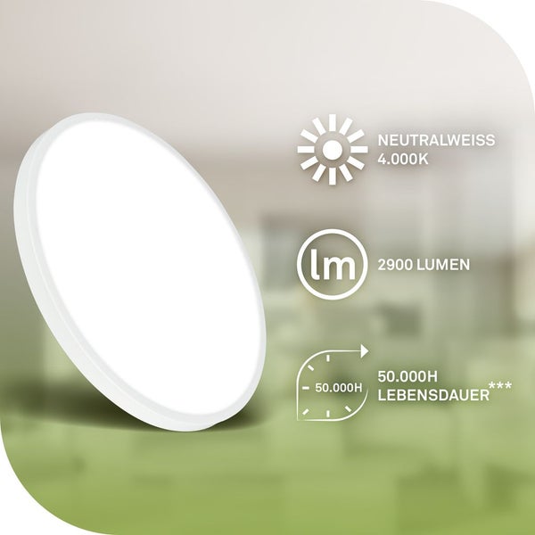 Informationen zum neutralweißen LED Licht mit 4000 Kelvin, 2900 Lumen und einer Lebensdauer von 50000 Stunden.