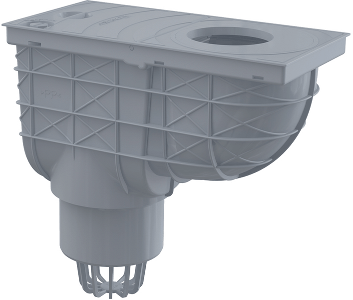 Grauer Bodenablaufkörper aus Polypropylen mit verstärkter Gitterstruktur und senkrechtem Abgang.