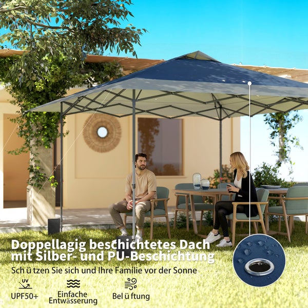 Quadratischer Gartenpavillon mit blauem Dach, Silber- und Polyurethan-Beschichtung, UV-Schutz 50 plus, Belüftung und Entwässerung im sonnigen Garten.