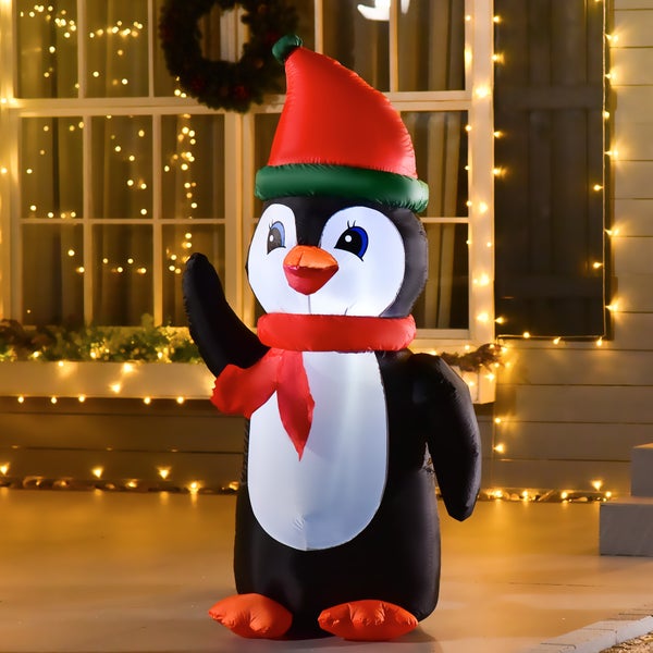 HOMCOM Aufblasbarer Weihnachts-Pinguin, mit Lichtern, automatisch, wetterfest, 79 x 67 x 155 cm, Polyester-Stoff, Mehrfarbig