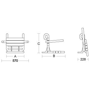 Maßzeichnung eines Halters mit Maßangaben in Millimeter: Breite 570, Tiefe 228 sowie Platzhaltern A, B und C.