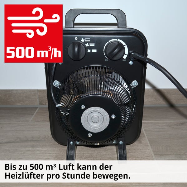 Schwarzer Heizlüfter mit Griff und einstellbaren Leistungsstufen