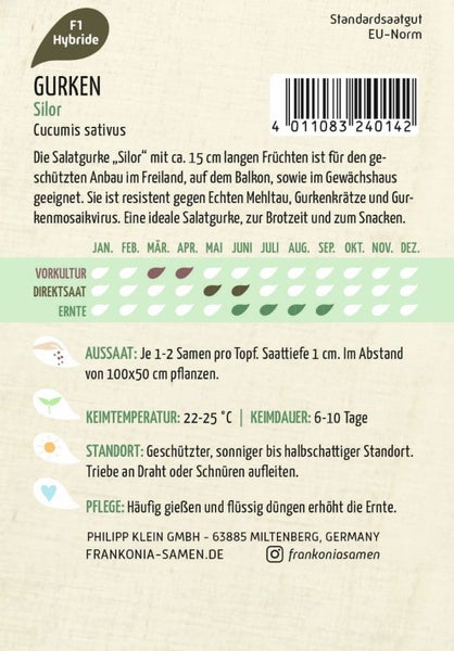 Gurkensamen Silor der Art Cucumis sativus, geeignet für Freiland, Balkon und Gewächshaus