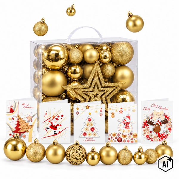 Weihnachtskugel Set mit Christbaumspitze und Grußkarten in einer durchsichtigen Aufbewahrungsbox