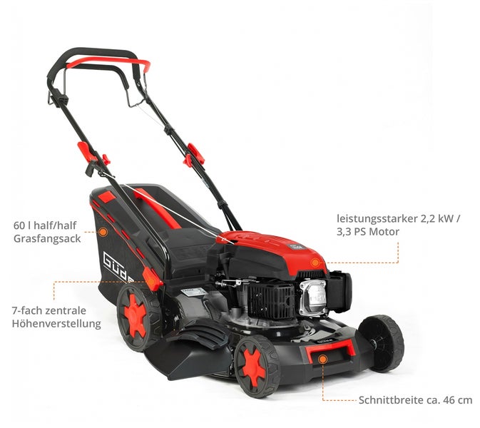 Rasentrimmer mit 60 Liter Grasfangsack, 2,2 Kilowatt Motorleistung, 7-facher Höhenverstellung und 46 Zentimeter Schnittbreite.