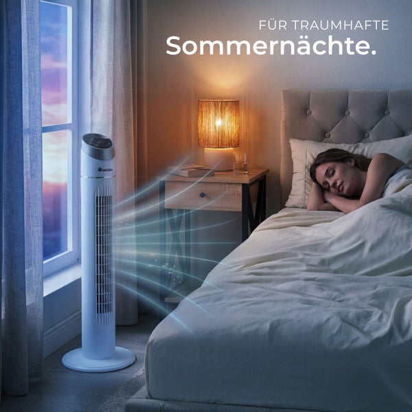 tectake Turmventilator in einem modernen Schlafzimmer neben dem Bett einer schlafenden Person.