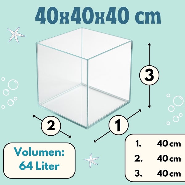 Aquariumwürfel mit den Maßen 40 x 40 x 40 cm und einem Volumen von 64 Litern