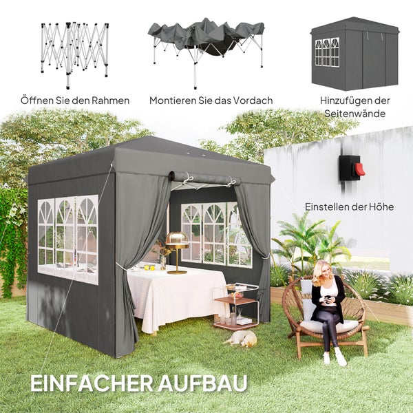 Outsunny Pavillon 2,5x2,5m, wasserabweisend Stabil Winterfest Pop-up Faltpavillon, UV Schutz 50+, Faltbar Partyzelt Gartenzelt mit 4 Seitenteilen Tasche Gartenpavillon für Camping Garten, Dunkelgrau