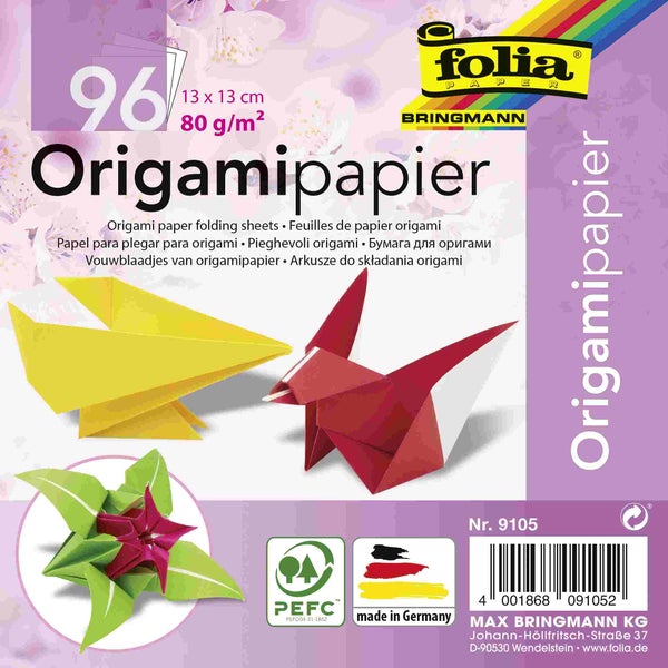 Folia  Faltblätter aus Origamipapier 80g/m², 13x13cm, 96 Blatt, farbig sortiert