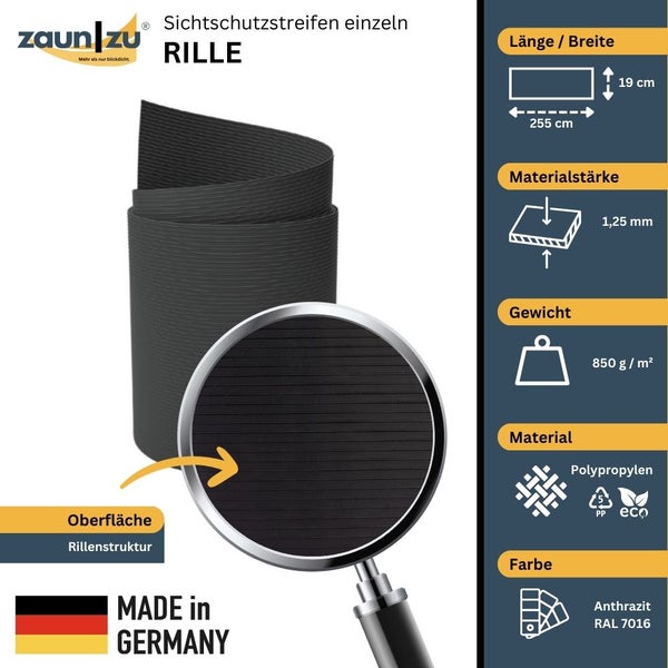 Zaun zu Sichtschutzstreifen Rille einzeln mit den Maßen 255 cm Länge und 19 cm Breite