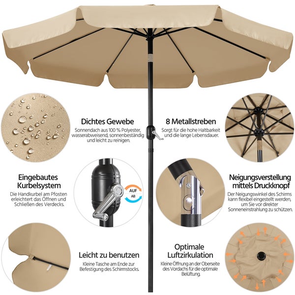 Beiger Gartenschirm mit Kurbel, aus Polyester und mit acht Metallstreben