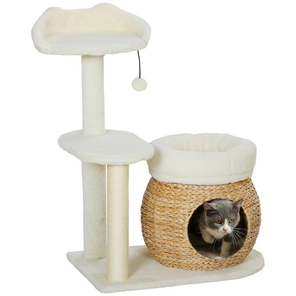 PawHut Kratzbaum 79 cm Katzenbaum mit Katzenhöhle, Bett, Spielbälle, Katzenkratzbaum mit Sisal-Kratzsäulen, für Katzen bis 5 kg, Cremeweiß