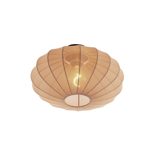 Beige Deckenleuchte mit rundem, plissiertem Textilschirm und sichtbarem Leuchtmittel.