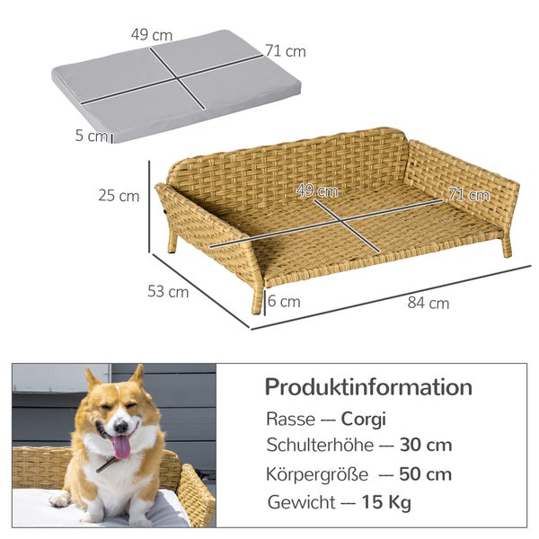 PawHut Rattan Hundesofa, 84B x 53T x 25H cm, Stahl, Oxford, PE-Rattan, Schaumstoff, Gelb+Grau