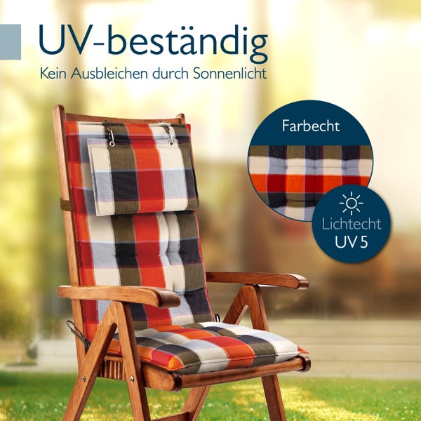 Holz-Gartenstuhl mit karierter Auflage, UV-beständig, farbecht und lichtecht UV 5.