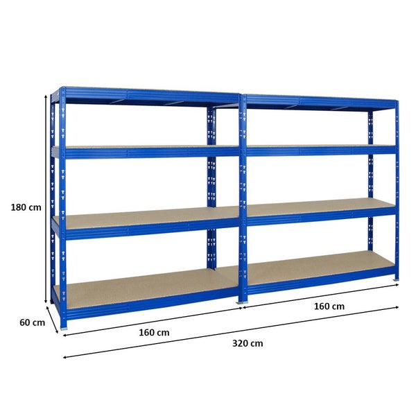 PROREGAL Mega Deal 2x Profi Schwerlastregal Rhino HxBxT 180 x 160 x 60 cm 4 Spanplatten-Ebenen 16mm Fachlast 500 kg Blau