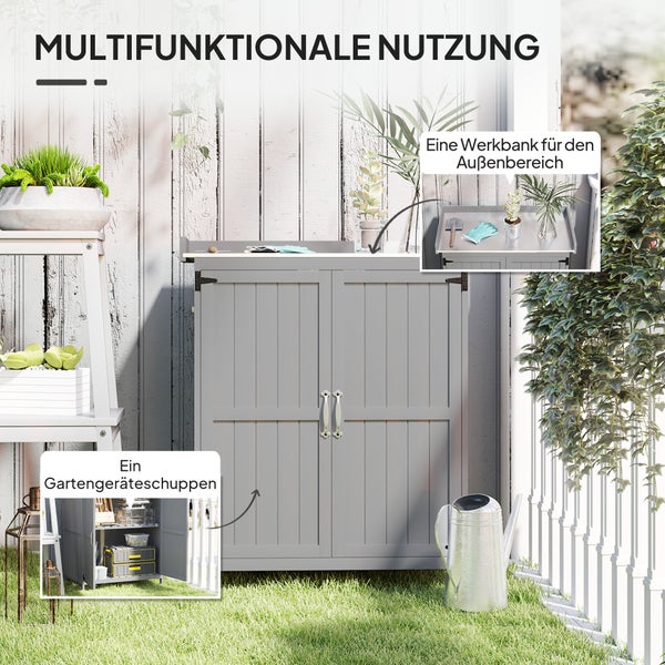 Outsunny Gartenschrank Holz, Geräteschuppen wetterfest 74x43x88cm, Gerätehaus mit Klappdach Ablagen, Arbeitsfläche, Geräteschrank, Gartenhaus Werkzeugschrank Gartenschuppen für Garten, Grau