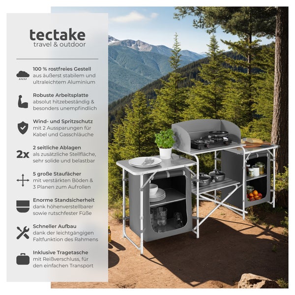Campingküche XXL mit 5 Fächern tectake  172 x 52 x 104 cm faltbar grau