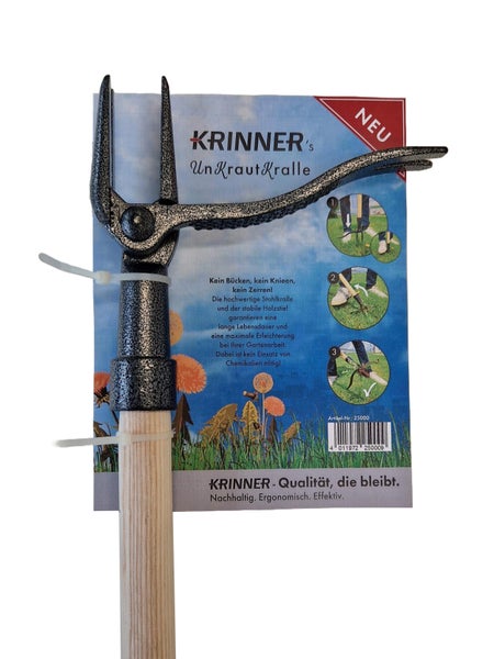 Krinner Unkrautkralle Unkrautstecher mit robuster Stahlkralle und Holzstiel für eine rückenschonende Unkrautentfernung.