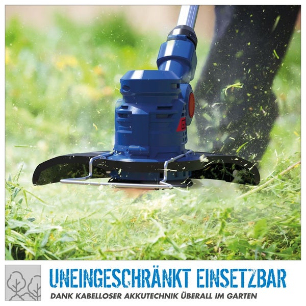 Akku-Rasentrimmer im Einsatz beim Schneiden von Gras im Garten.