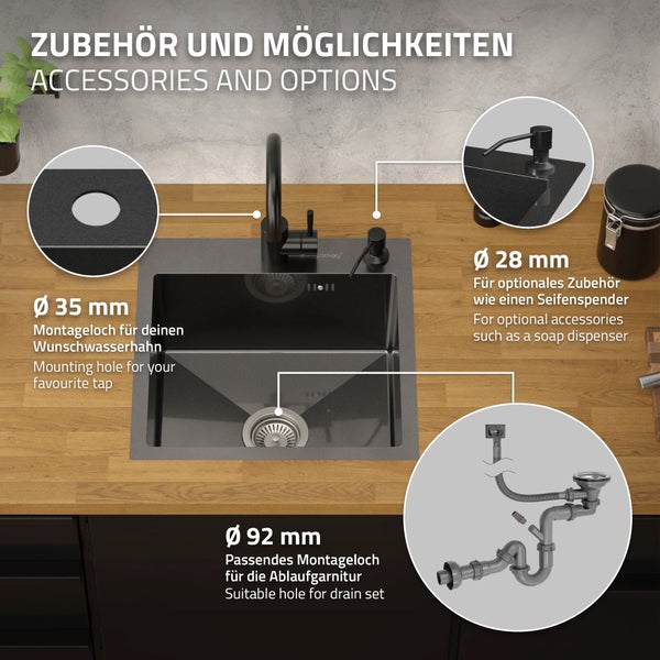 ML-Design Spülbecken Edelstahl 45x45 cm Anthrazit, Küchenspüle eckig, 1 Becken klein, Einbauspüle mit 2 Löchern, Edelstahlspüle mit Ab- und Überlaufgarnitur, Einzelbecken mit Siphon, Waschbecken Küche