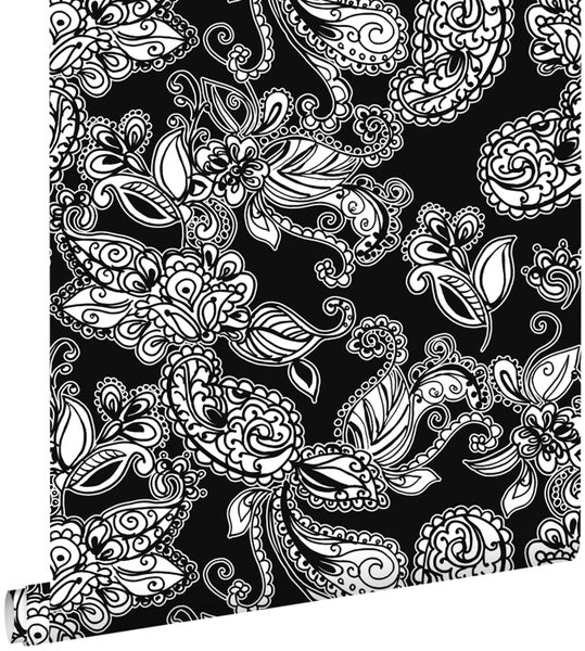 ESTAhome Tapete funky Blumen und Paisleys Schwarz und Weiß - 53 cm x 10.05 m - 136844