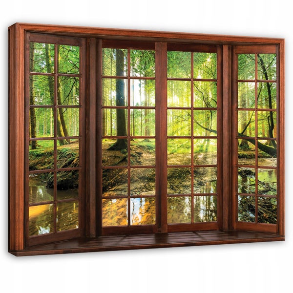 Wandbild mit 3D-Fenster-Effekt und Holzrahmen, Ausblick auf einen hellen grünen Wald mit einem Bachlauf.