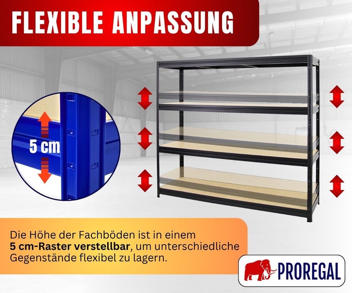 Schwerlastregal mit in 5 Zentimeter Schritten höhenverstellbaren Fachböden zur flexiblen Lagerung. PROREGAL Logo.