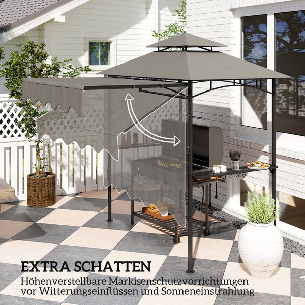 Helle Terrasse mit grauem Grillpavillon mit Doppeldach und höhenverstellbarer Markise, inklusive Holzkohlegrill und Ablagen für Grillzubehör.