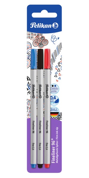 Pelikan Fineliner 96 Dreierpack, Blau, Schwarz, Rot, metallgefasste Spitze, 0,4 Millimeter, dokumentenecht, Made in Germany, Pelikan Logo.